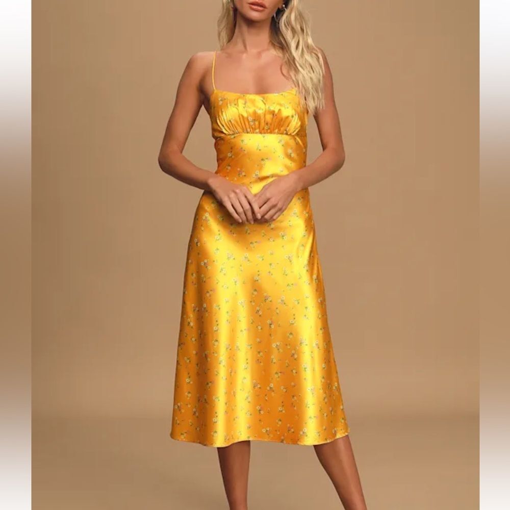 KOURT Rachel Yellow Floral Print Satin Midi Dress XS Wedding Guest